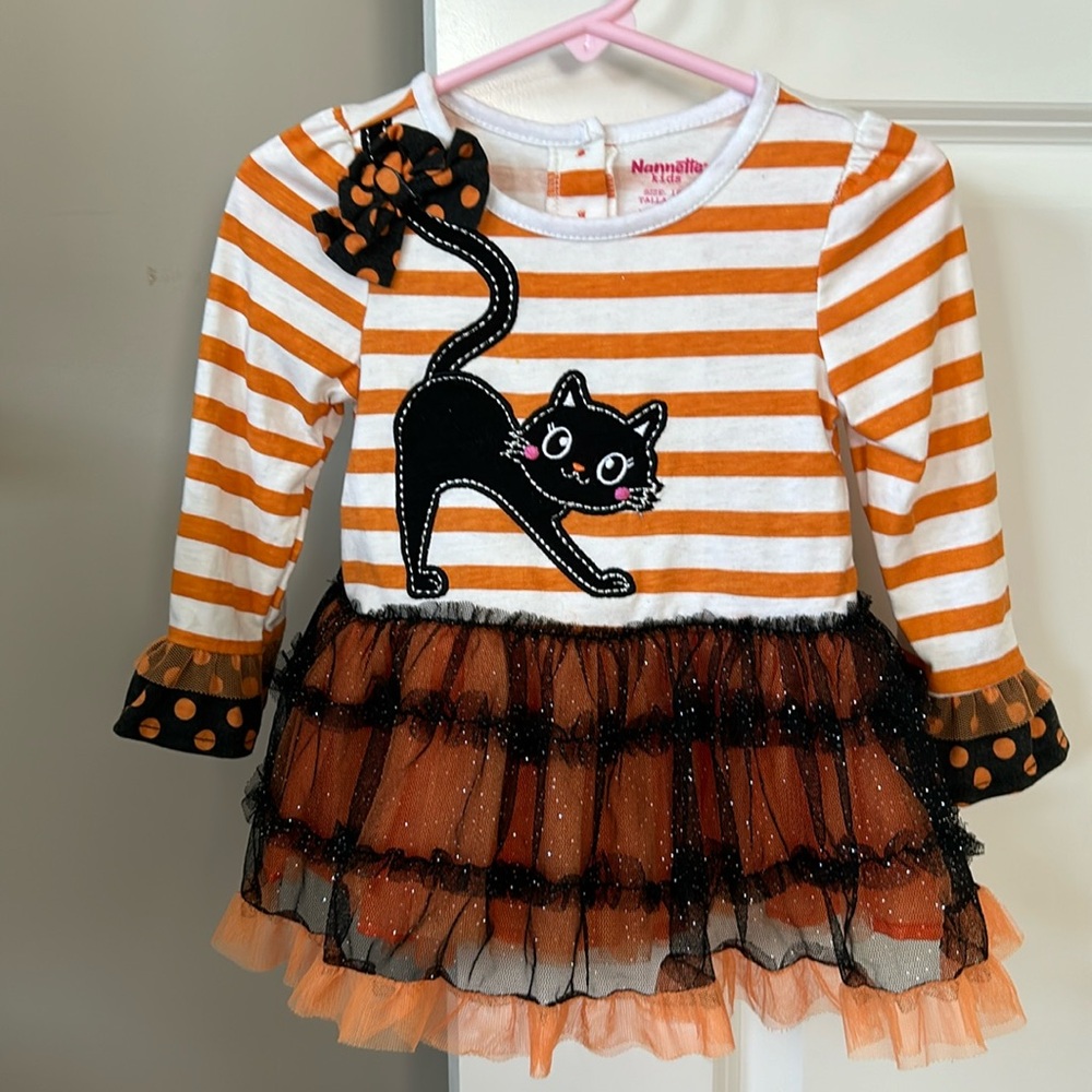 Nannette Kids Halloween Cat/Kitten Dress w Tiered Orange Tulle Skirt 18 Mos.
